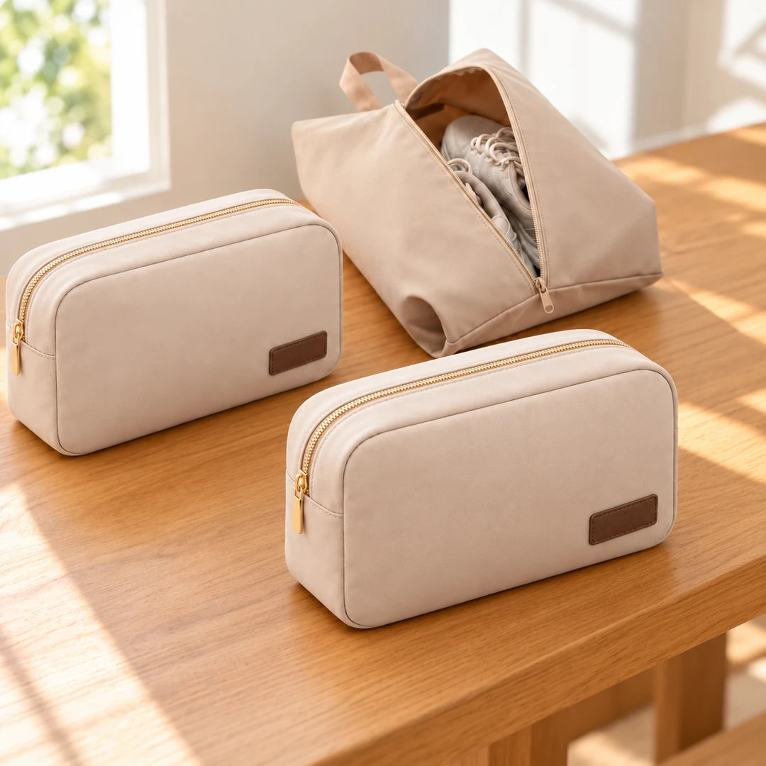 Deux pochettes de rangement beige à fermeture dorée et sac à chaussures assorti sur une table en bois clair