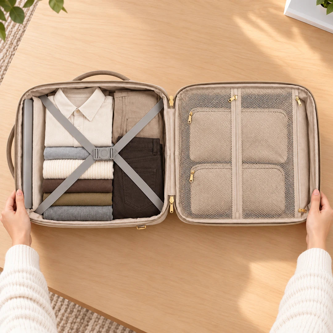 Sac à dos Blottia beige ouvert à plat sur une table, vêtements maintenus par des sangles en X et rangement dans le couvercle